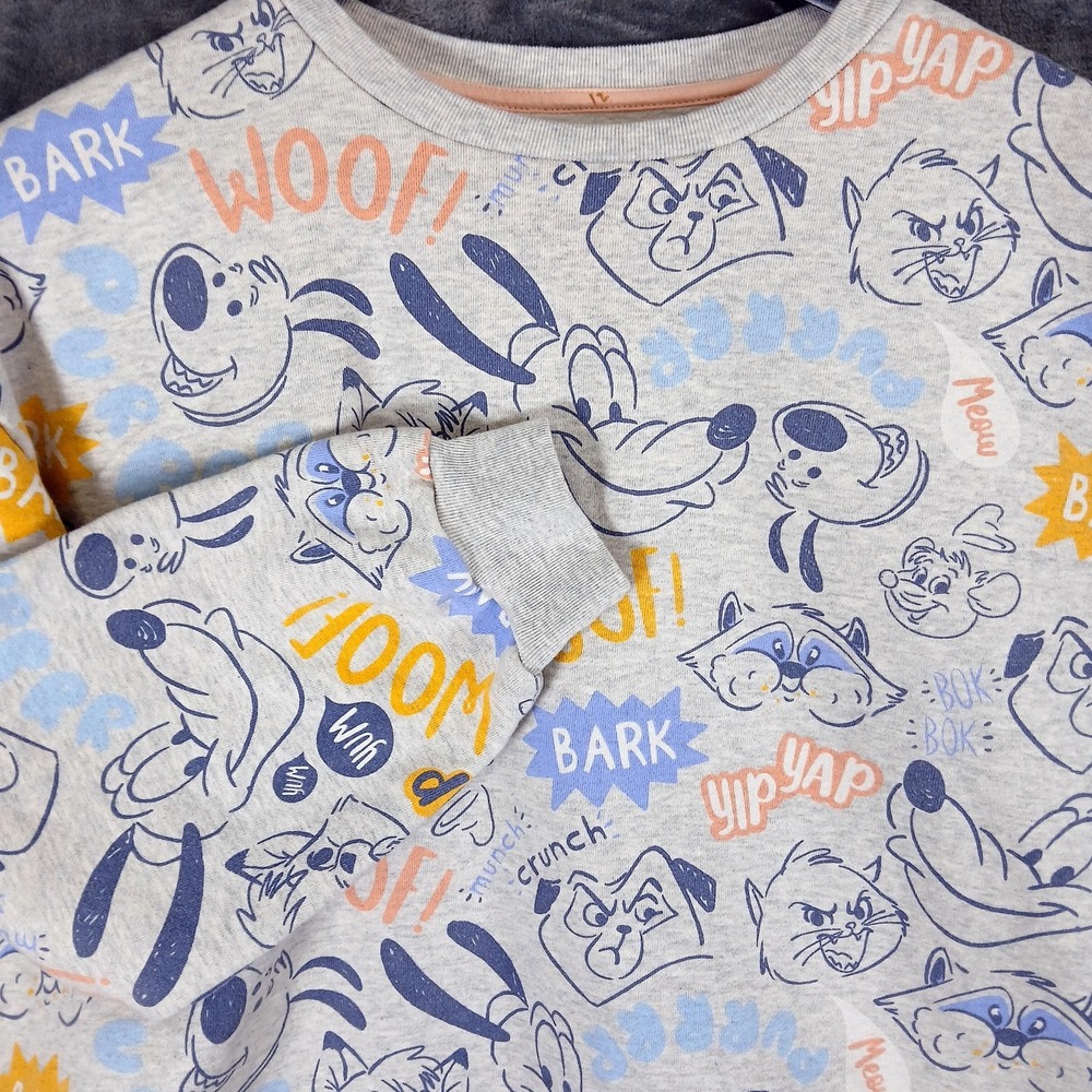 Disney Sweatshirt Womens XL Gray‎ Allover Dog Cat Print Bark Woof Yip Yap